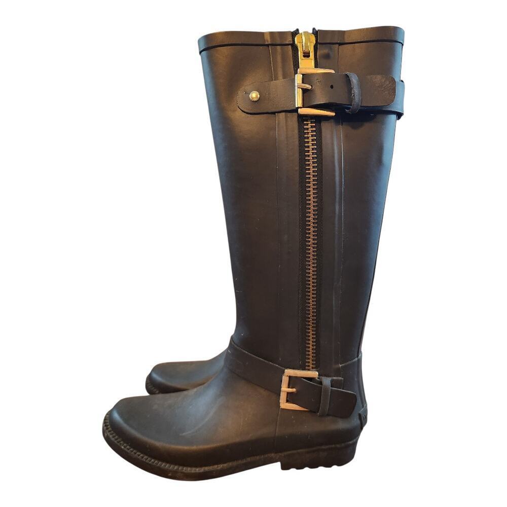 Henry‎ Ferrera womens black rain boots sz 6 rubber knee high pull on buckle